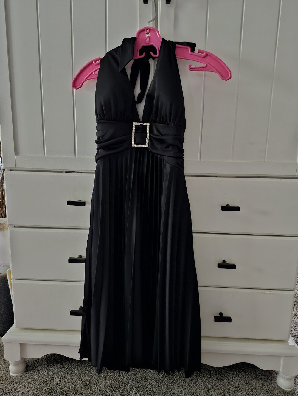 Black Halter Pleated Evening Dress with Accent Buckle Sz M